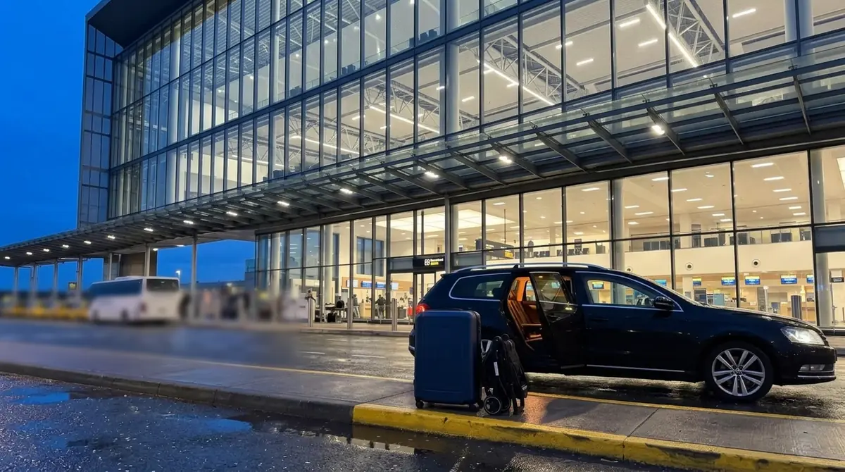 Koffer und Kinderwagen neben dem Auto vor der großen Terminalfassade