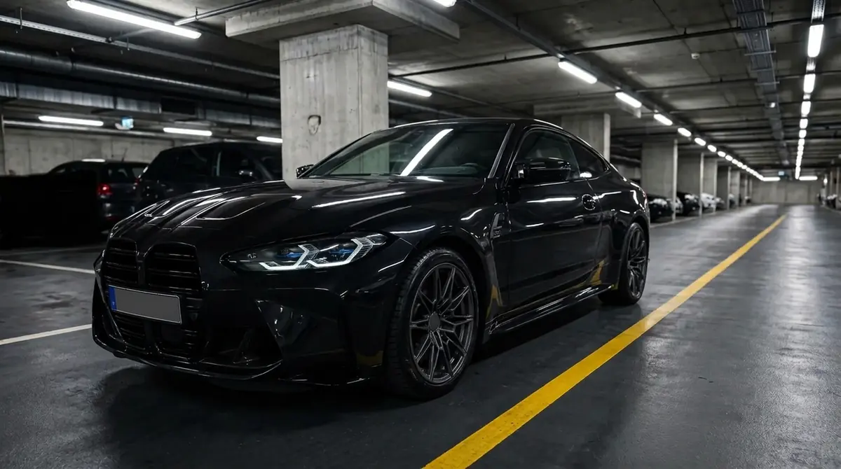 Dasselbe schwarze Sportcoupé nach der Reise, aufbereitet und glänzend poliert in der Tiefgarage