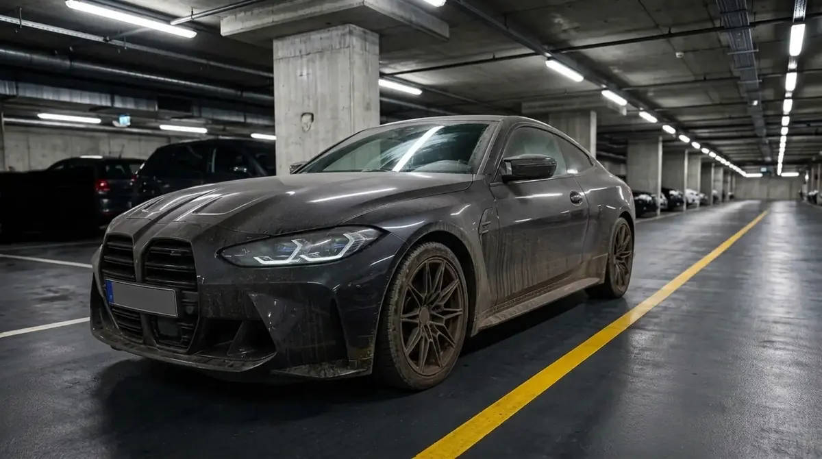 Schwarzes Sportcoupé bei der Abgabe vor der Reise, matt vor Straßenstaub und mit Bremsstaub auf den Felgen