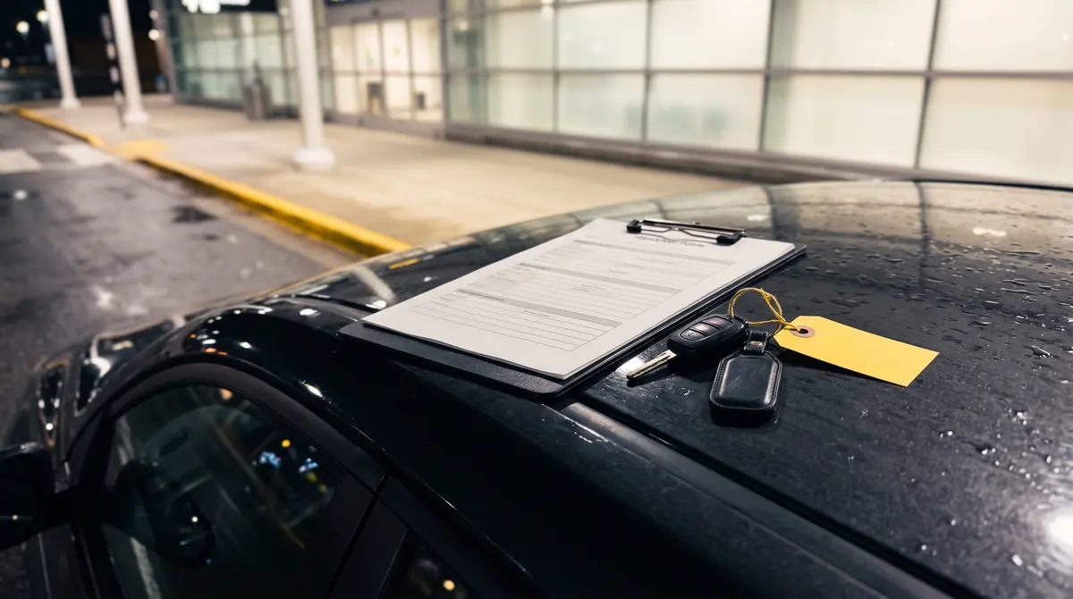Schlüssel und Übergabeprotokoll auf dem Autodach am Terminal